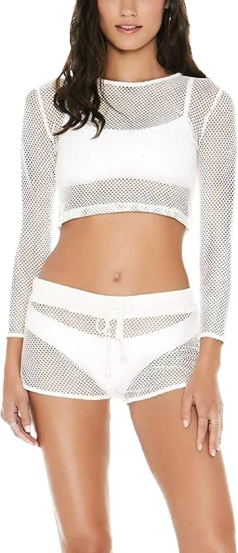 Can't Miss Women Sarah Long Sleeve Seamless Fit Mesh Cropped Top In White