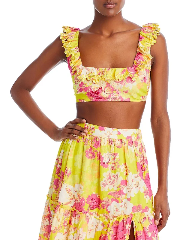 Super Sale Womens Embroidered Ruffle Neck Tank Cropped