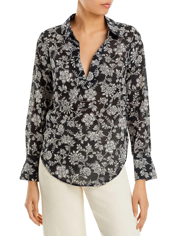 Price Break Womens Floral Print Split Neck Button-Down Top