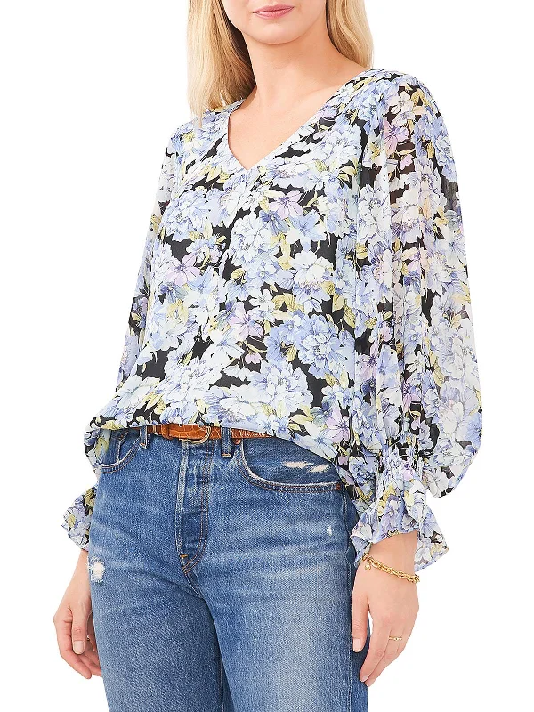 Big Savings Womens Floral Print V-Neck Blouse