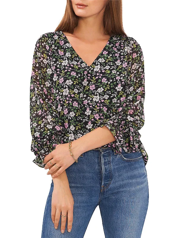 Now or Never Womens Floral Print V-Neck Blouse