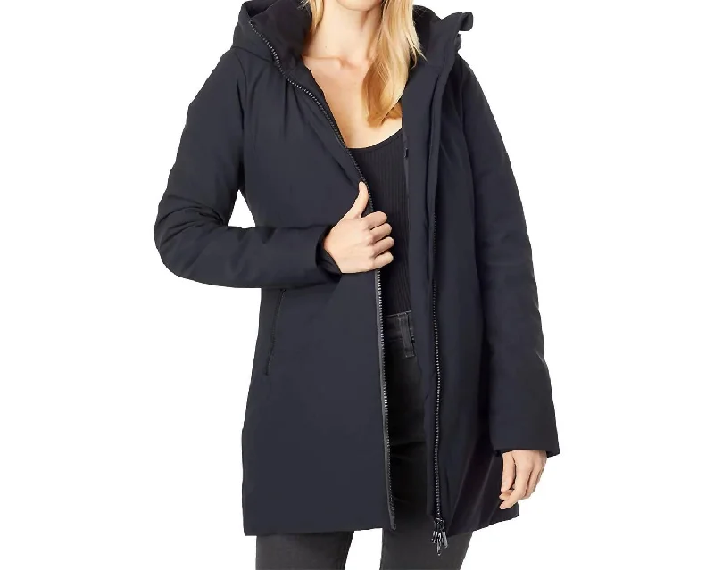 Markdowns Women's Lila Full Zip Hooded Stretch Non Baffled All Weather Coat In Black