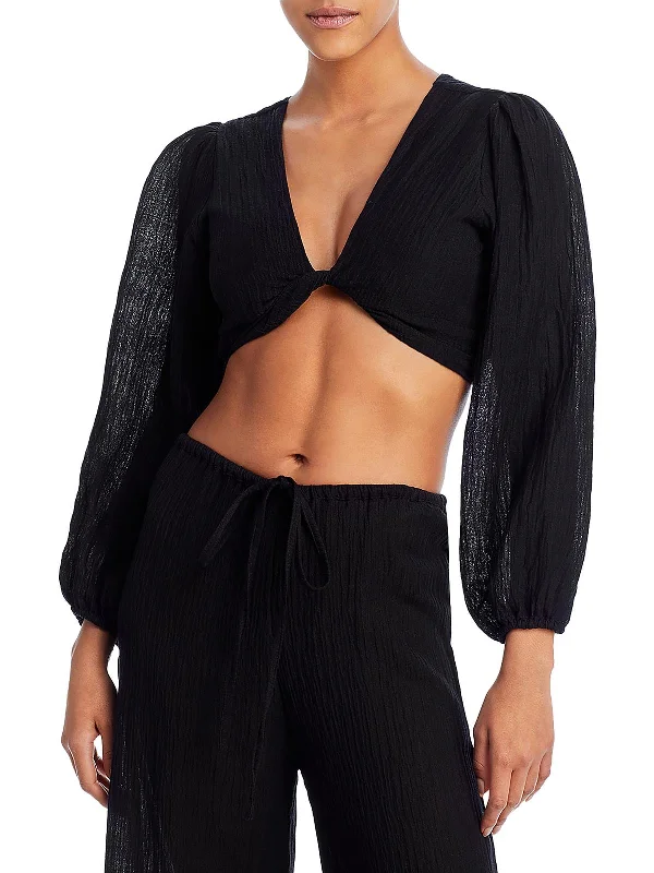 New Markdowns Womens Linen Cropped Pullover Top