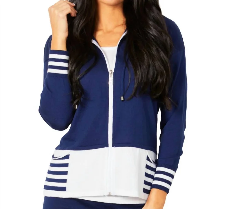 Take Advantage Zip Up Hoodie Double Stripe W/ Pockets In Navy/white
