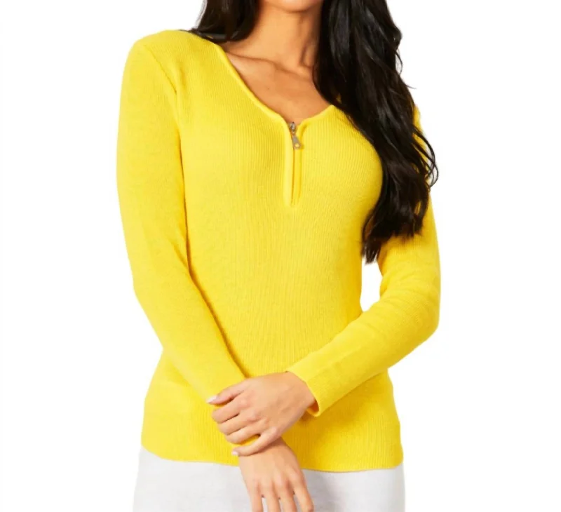 Super Bargain Zip V-Neck Top In Lemon