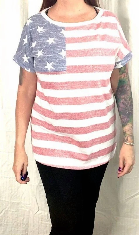 Unbeatable Prices 4Th Of July American Flag Print Mixed Round Neck Short Sleeve Top - Made In U.s.a. In Red, White & Blue