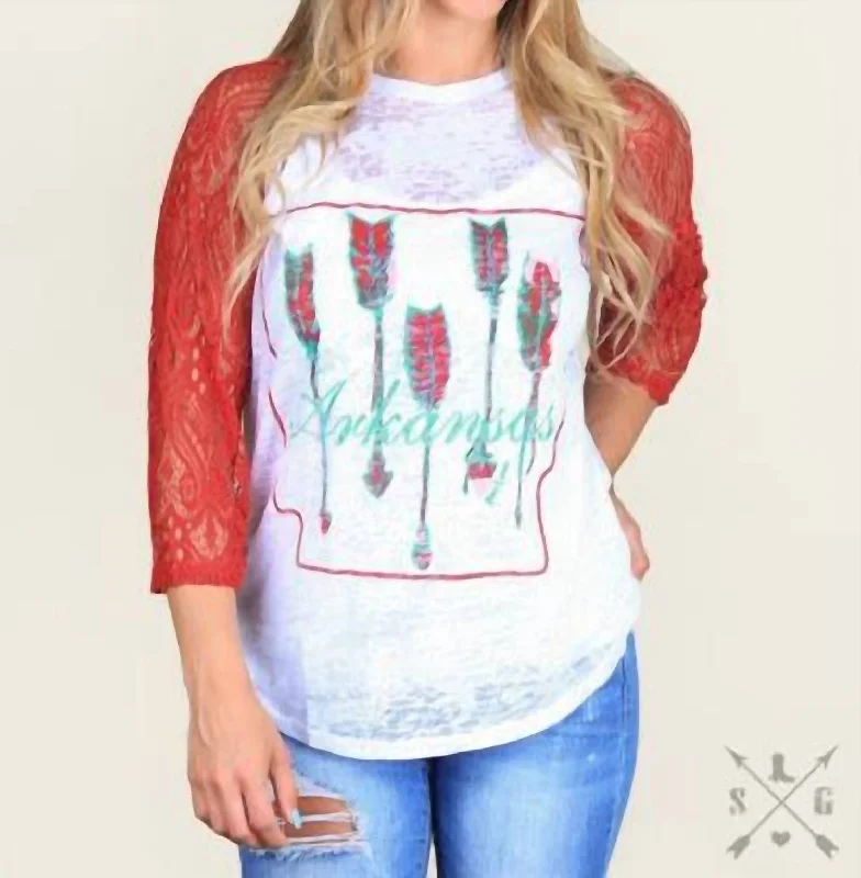 Deal of the Week Arkansas Pride With Red Lace Raglan Sleeve Top In White