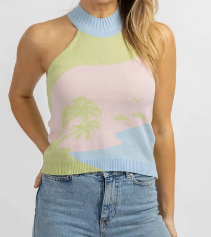 Deal Mania Beach Scene Knit Mockneck Tank Top In Multi