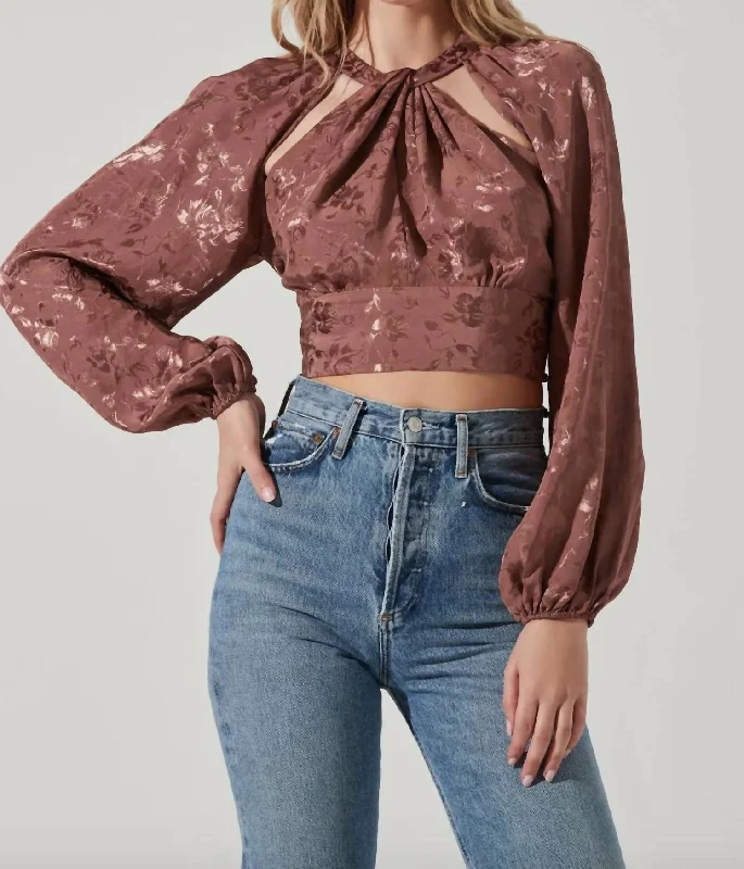 YEAR-End Sale Betsy Floral Cutout Long Sleeve Top In Brown Jacquard