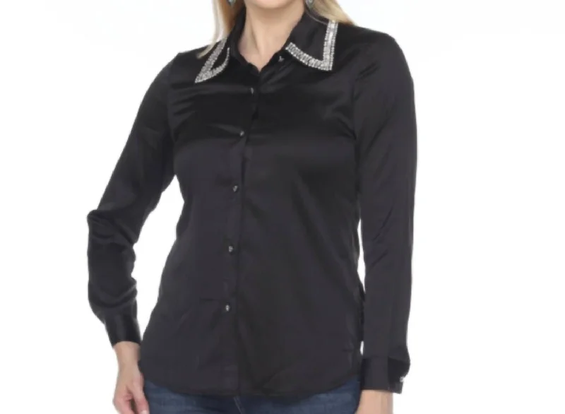 Special Buy Bling Collar Satin Button Up Blouse In Black