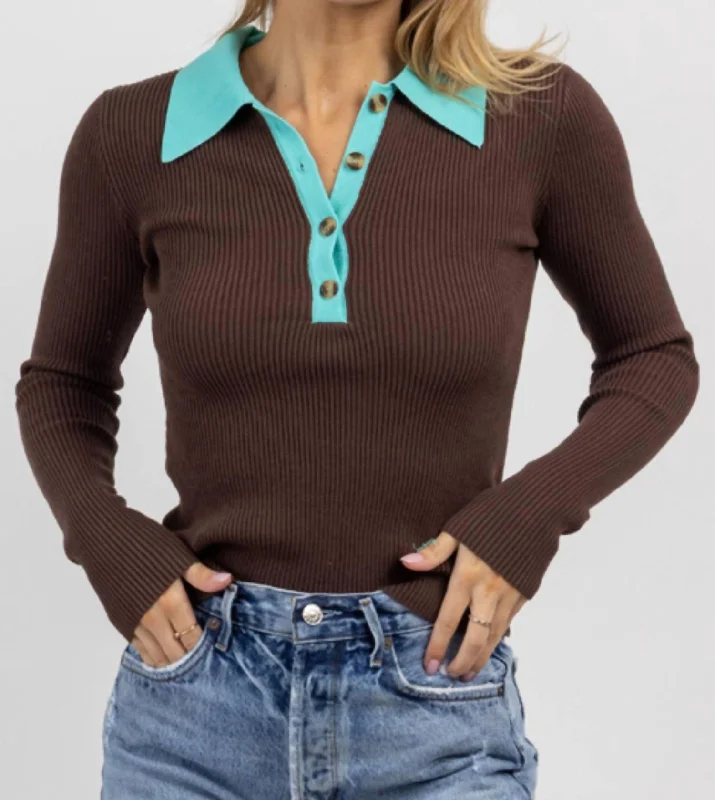 Year-End Clearance Button Collared Top In Beverly Turquoise