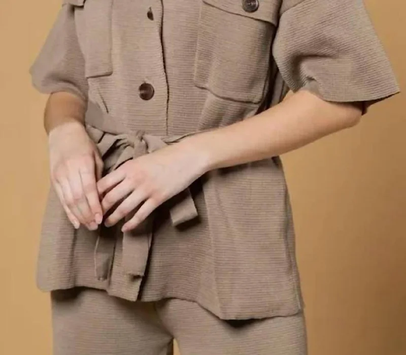 Online Only Button Down Collared Sweater Top In Mocha