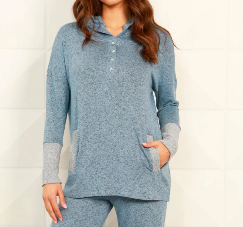 Weekend Deal Button Ribbed Hoodie With Pocket In Wind/tin