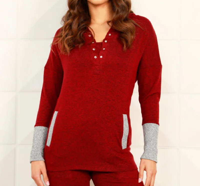 Price Drop Alert Button Ribbed Hoodie With Pocket In Wine/tin