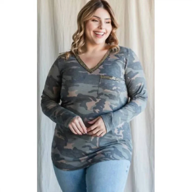 Fantastic Offers Camo V Neck Plus Top Accented With Gold Sequins In Camouflage