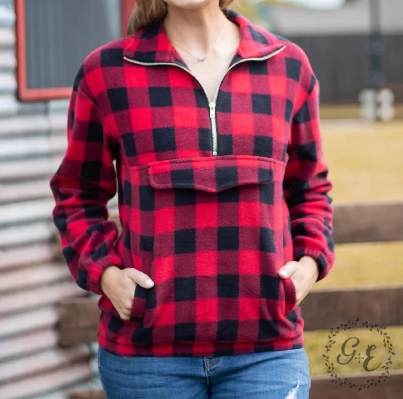 Factory Direct Sale Checker Me Out Pullover With Pockets In Red Plaid