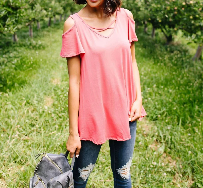 The Best Prices Cold Shoulder Crossed Heart Top In Coral