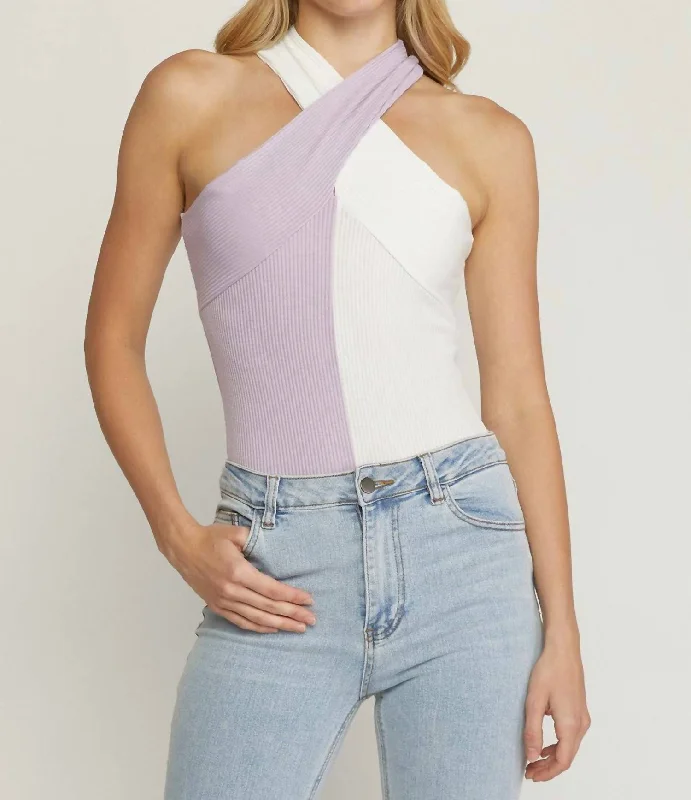 Weekend Flash Sale Colorblock Halter Neck Bodysuit In Lavender Combo