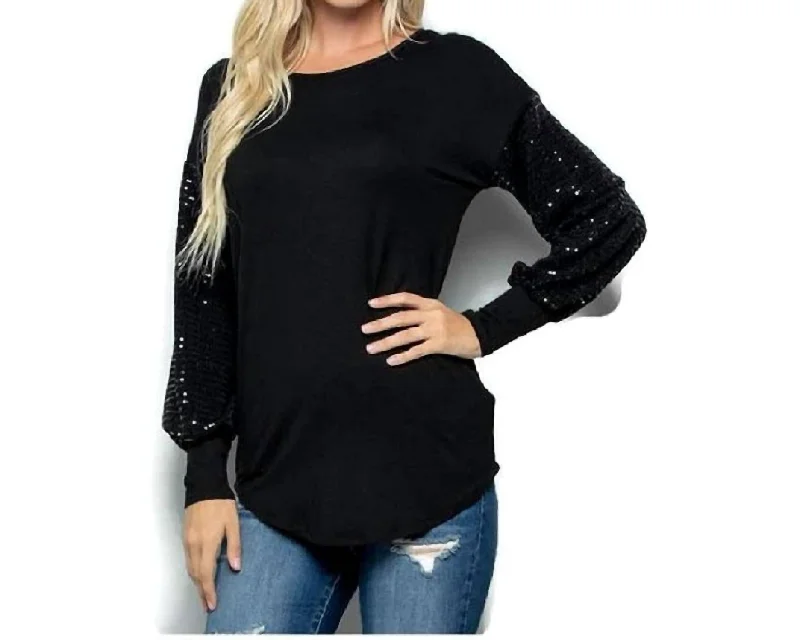 Huge Discounts Contrast Sequin Long Sleeve Top In Black