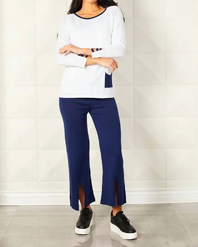 Deep Discounts Crew Neck Cut Out Top In Navy/white