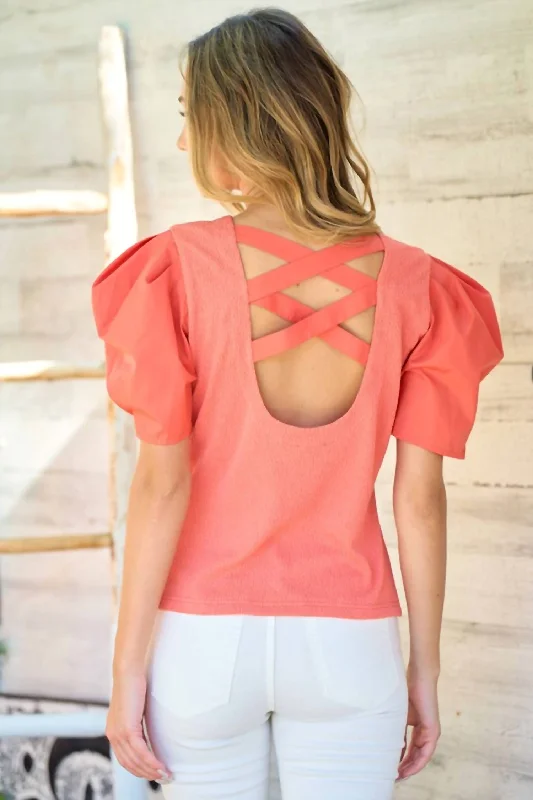 Act Now Criss Cross Back Short Sleeve Top - Coral