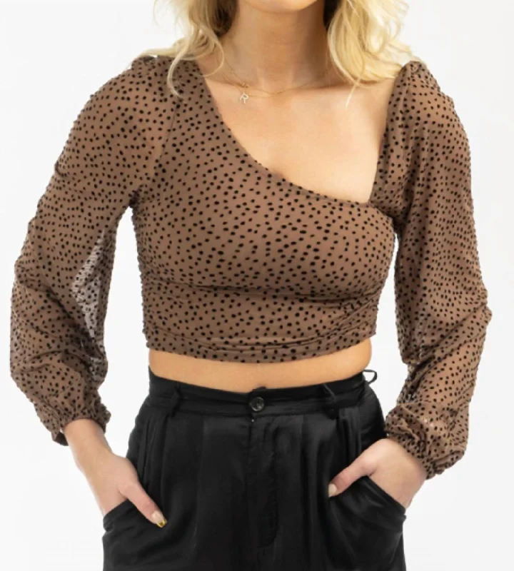 Year-End Sale Dotted Asymmetric Ruched Top In Brown
