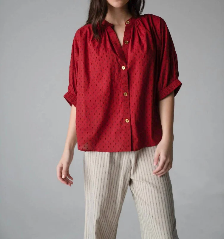 Discount Extravaganza Elastic Sleeve Top In Burgundy Swiss Dot