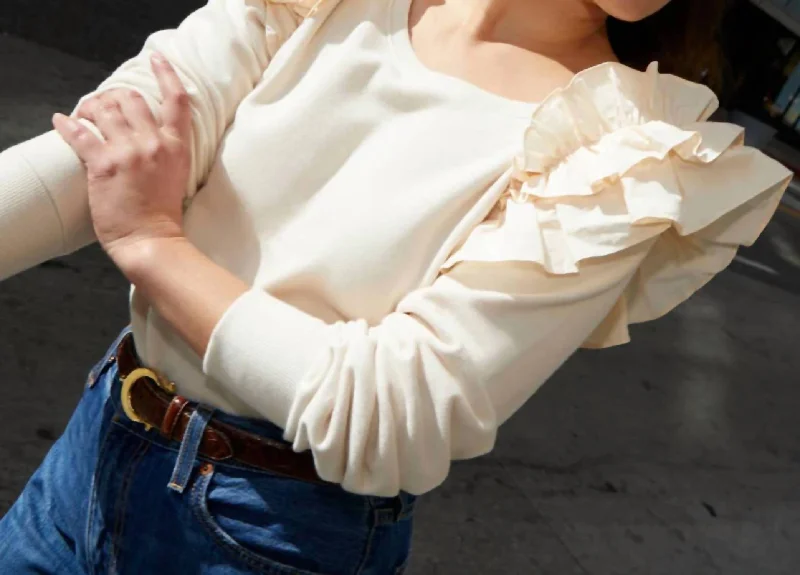 Super Savings Esther Ruffle Shoulder Sweatshirt In White Chocolate