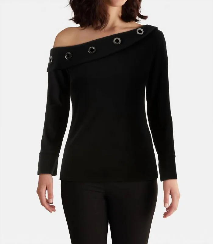 Take Advantage Eyelet Detail One-Shoulder Top In Black