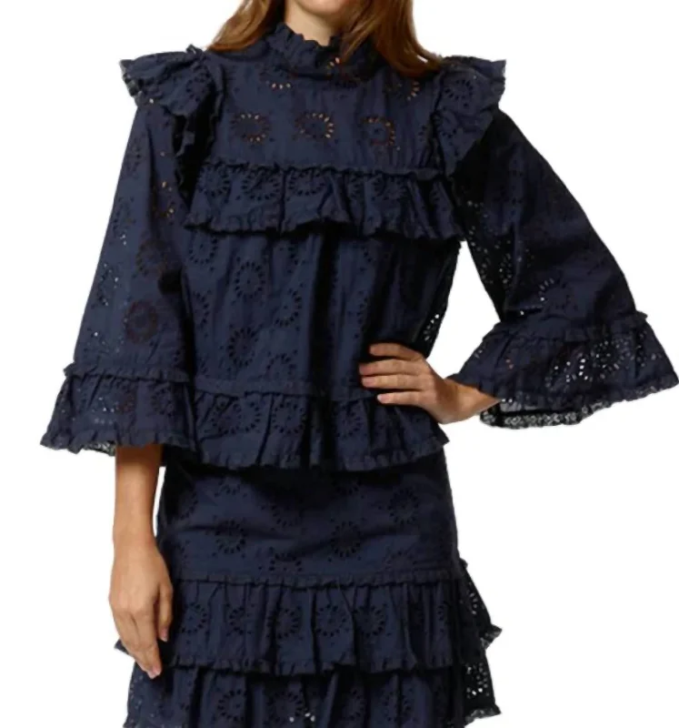 Hurry In Eyelet Trimmed Bell Sleeve Top In Black