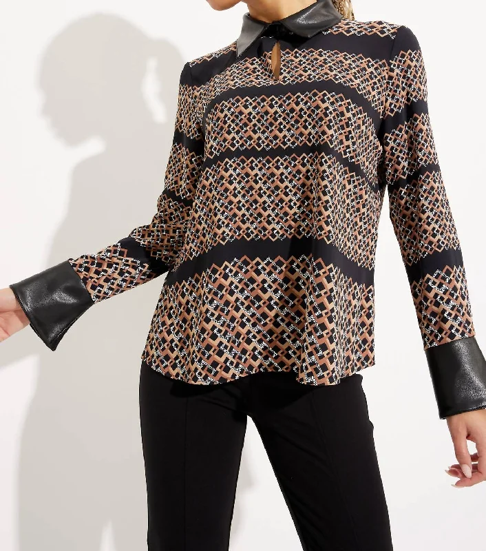 Stock Clearance Faux Leather Accent Printed Blouse In Black/multi