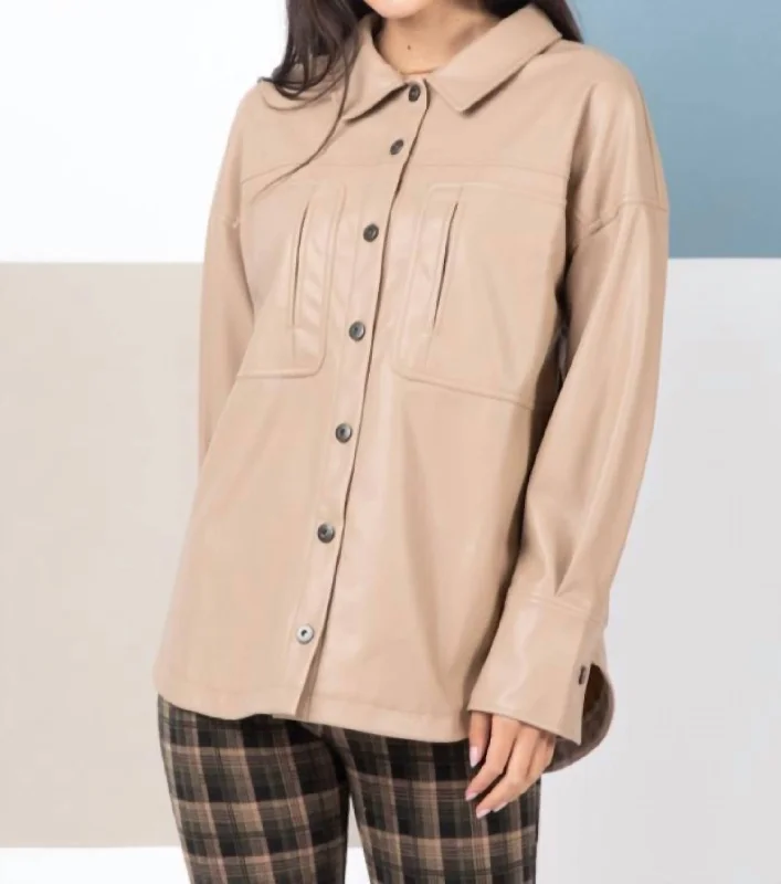Overstock Sale Faux Leather Shirt In Beige