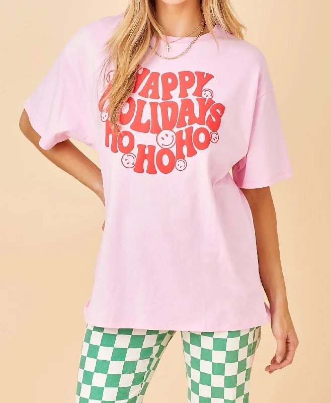 Last Chance Happy Holidays Graphic Tee In Pink