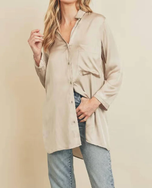 Overstock Highly Favored Long Satin Shirt In Champagne