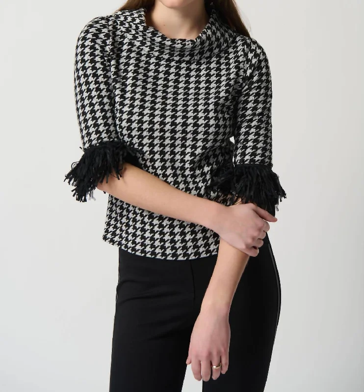 Great Deals Houndstooth Print Top With Fringe In Black/white
