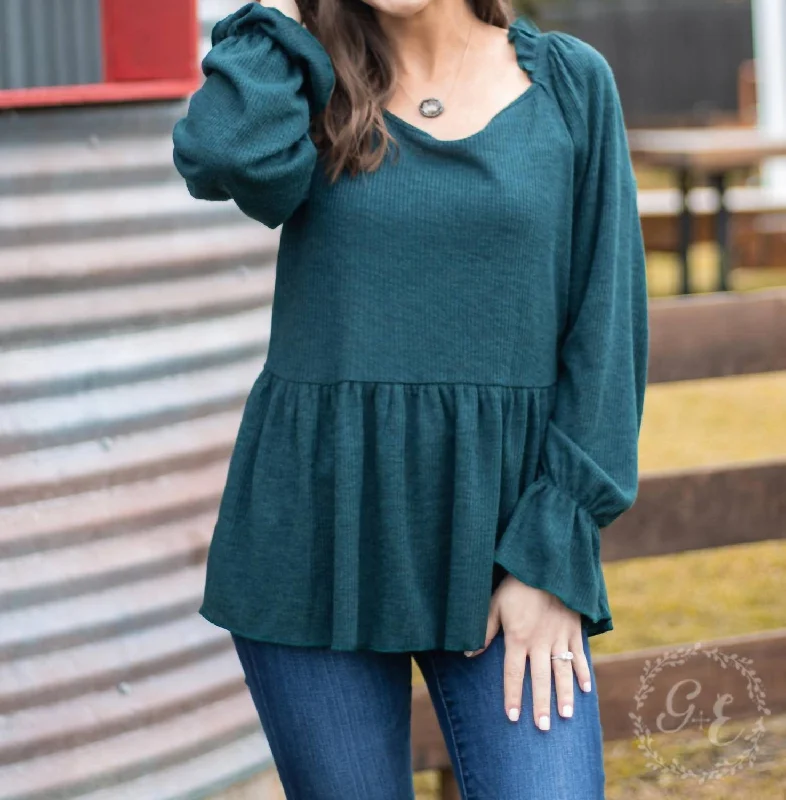 Big Savings How 'bout Those Ruffles Long Sleeve With Neck Line Ruffles Top In Emerald Green