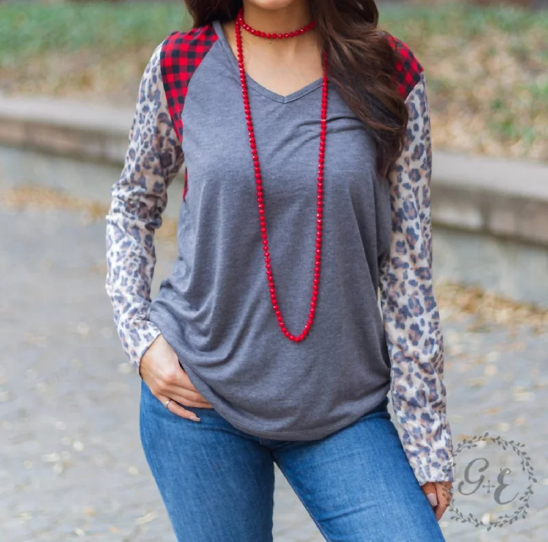 Bonus Savings I Will Survive V Neck With Long Sleeve Top In Buffalo Plaid