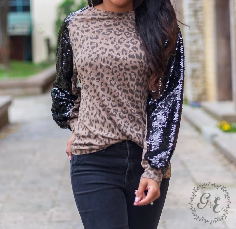Epic Deals I'm A Diva Raglan Balloon Long Sleeve With Sequins Top In Leopard
