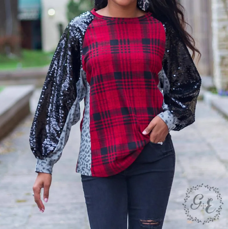 Don't Wait I'm A Diva Raglan Balloon Long Sleeve With Sequins Top In Plaid