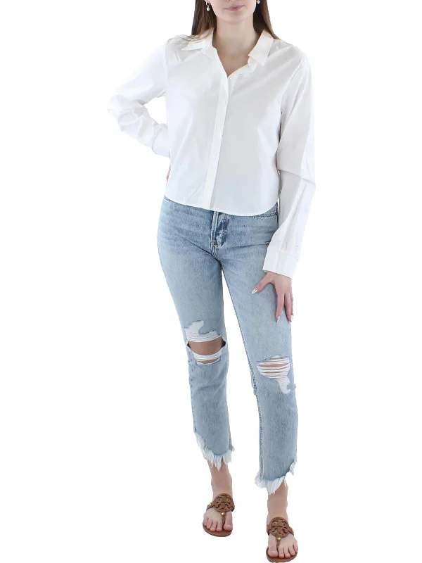 Daily Deals Juniors Womens Poplin Cropped Button-Down Top