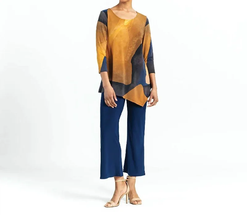 Hurry In Kerchief Angle Hem Tunic Top In Tan Watercolor