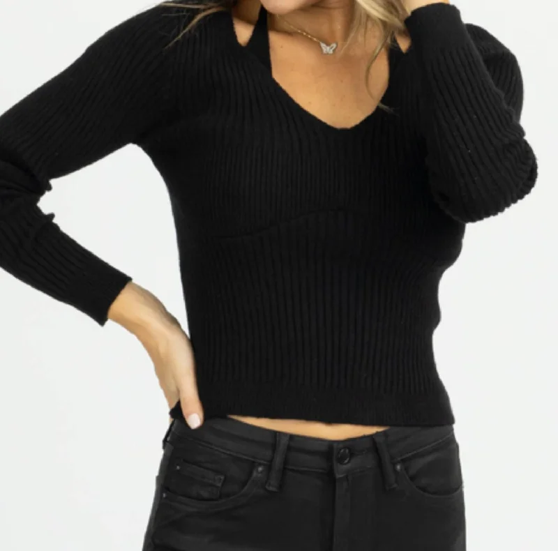 Savings Event Knit Collar Tie Long Sleeve Top In Black