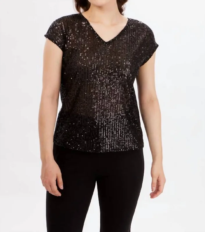 Reduced Prices Knit Sequin Short Sleeve Top In Black