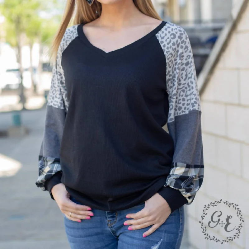 Act Now Leader Of The Pack Waffle Raglan Top With Balloon Long Sleeve In Black
