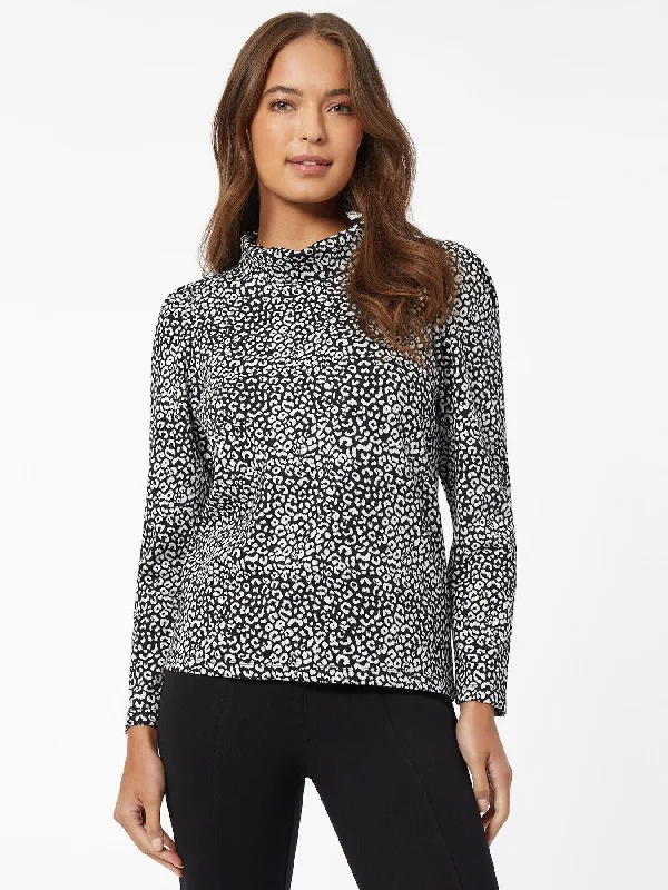 Daily Deals Leopard Print Puff-Sleeve Turtleneck Top