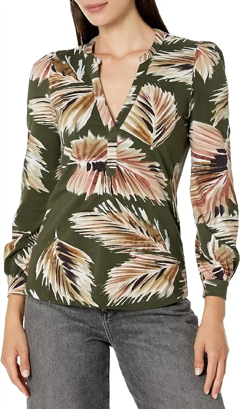 Special Savings Long-Sleeve Fern Henley Top In Green Multi