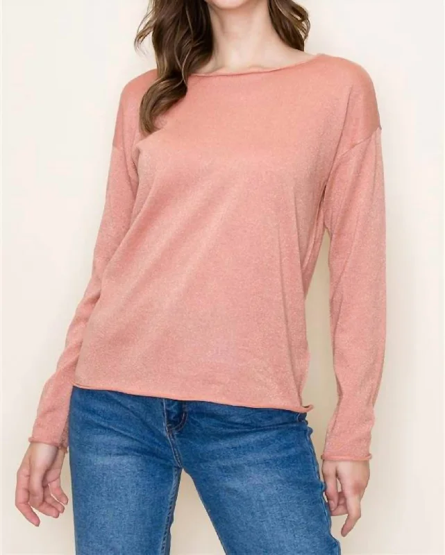 Price Drop Lurex Boat Neck Long Sleeve Sweater In Blush