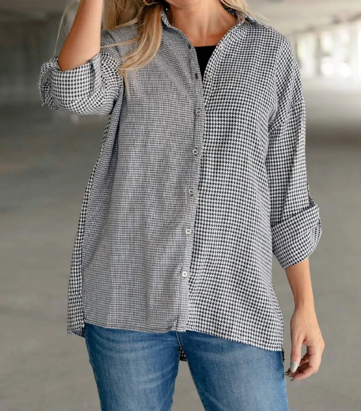 Sale Event Mixed Houndstooth Button Up Top In Grey