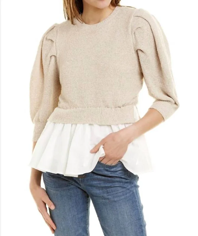 Price Rollback Mixed Media Puffed Sleeve Top In Natural