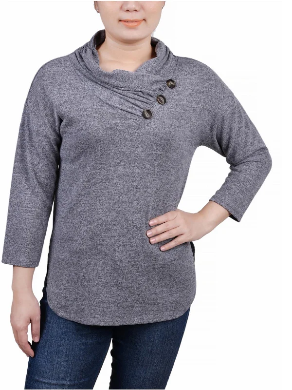 Online Exclusive Petites Womens Cowlneck Marled Blouse